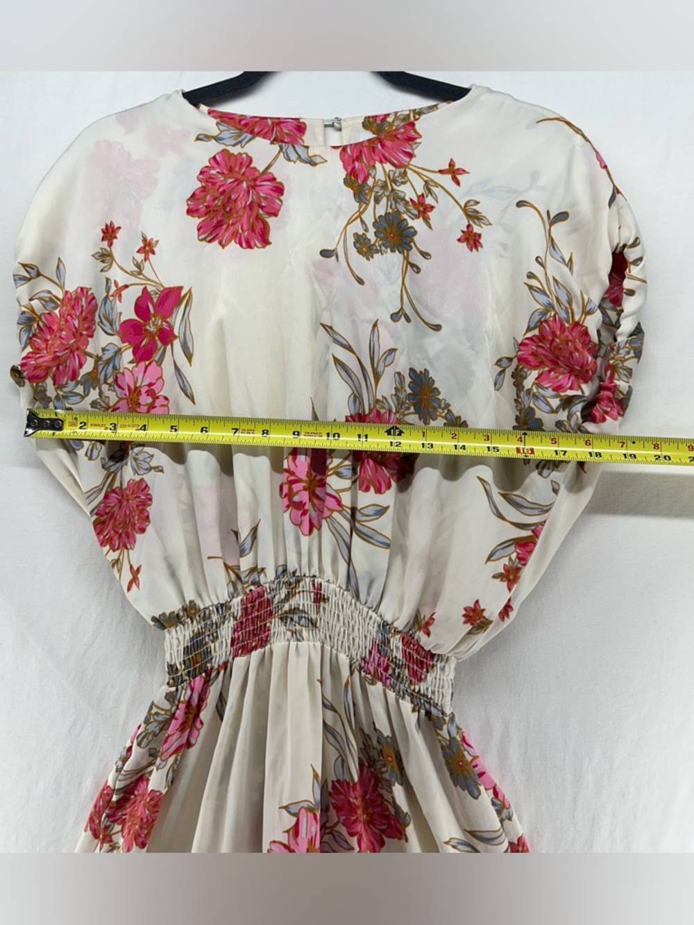 Misa Los Angeles Paulina Dress Size M Cream Pink Floral Ruffle Hem Draped Sleeve - Picture 5 of 7